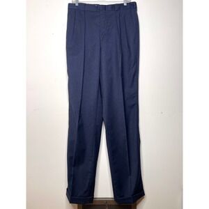 Vintage Lands End Mens Size 32 Wool Pleated Dress Pants Navy Blue Cuffed Trad